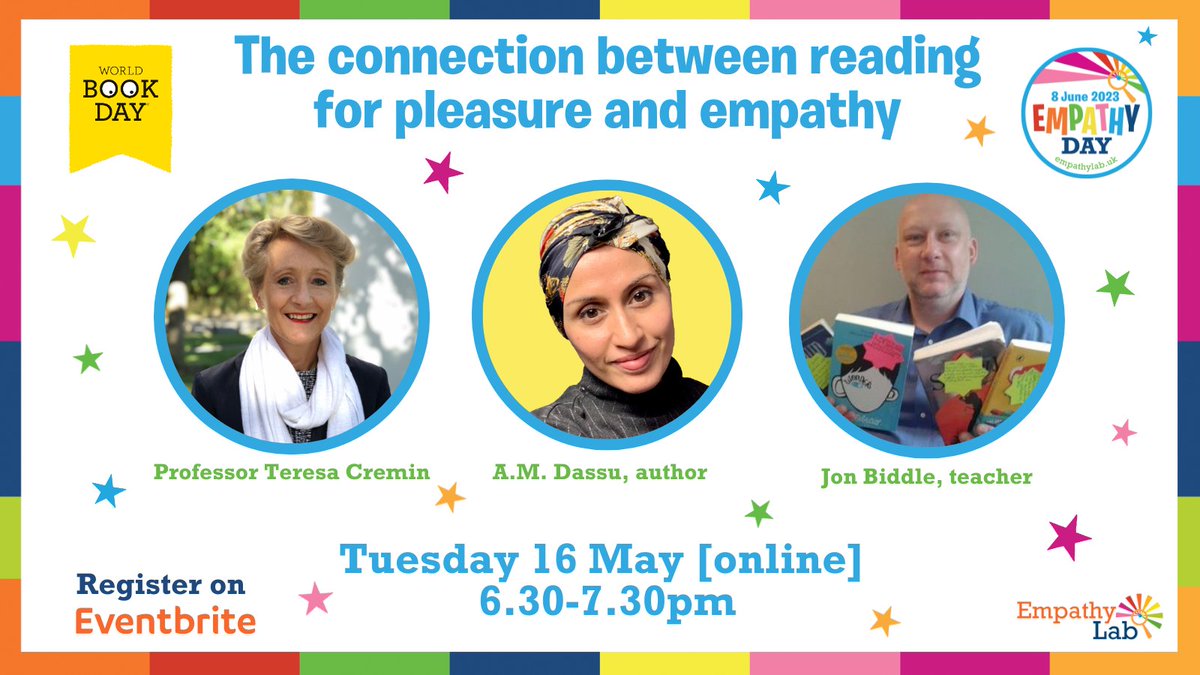 EmpathyLabUK's tweet photo. 📚NEXT TUESDAY📚

Join EmpathyLab and @WorldBookDay, as we discuss ways to simultaneously build children's reading for pleasure AND empathy skills 📖

Hear from children’s book experts @a_reflective @TeresaCremin &amp; @jonnybid 🌟

Free registration: https://t.co/Kxh5O4XLIM https://t.co/ExULh9hqUz