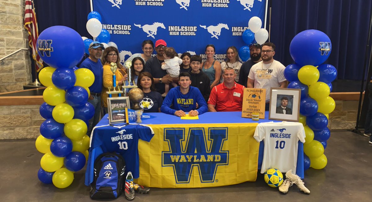 FCIngleside's tweet photo. Congratulations to FC Inglesides first College signee Devin Knutson!! Everyone is very proud of you!!! Thank you so much to Coach Chrisman, Coach McHugh and Dr Edlin for making this day possible!!! Historic day for FC Ingleside! #FCIngleside #Stampede https://t.co/3SiNjjgtU5