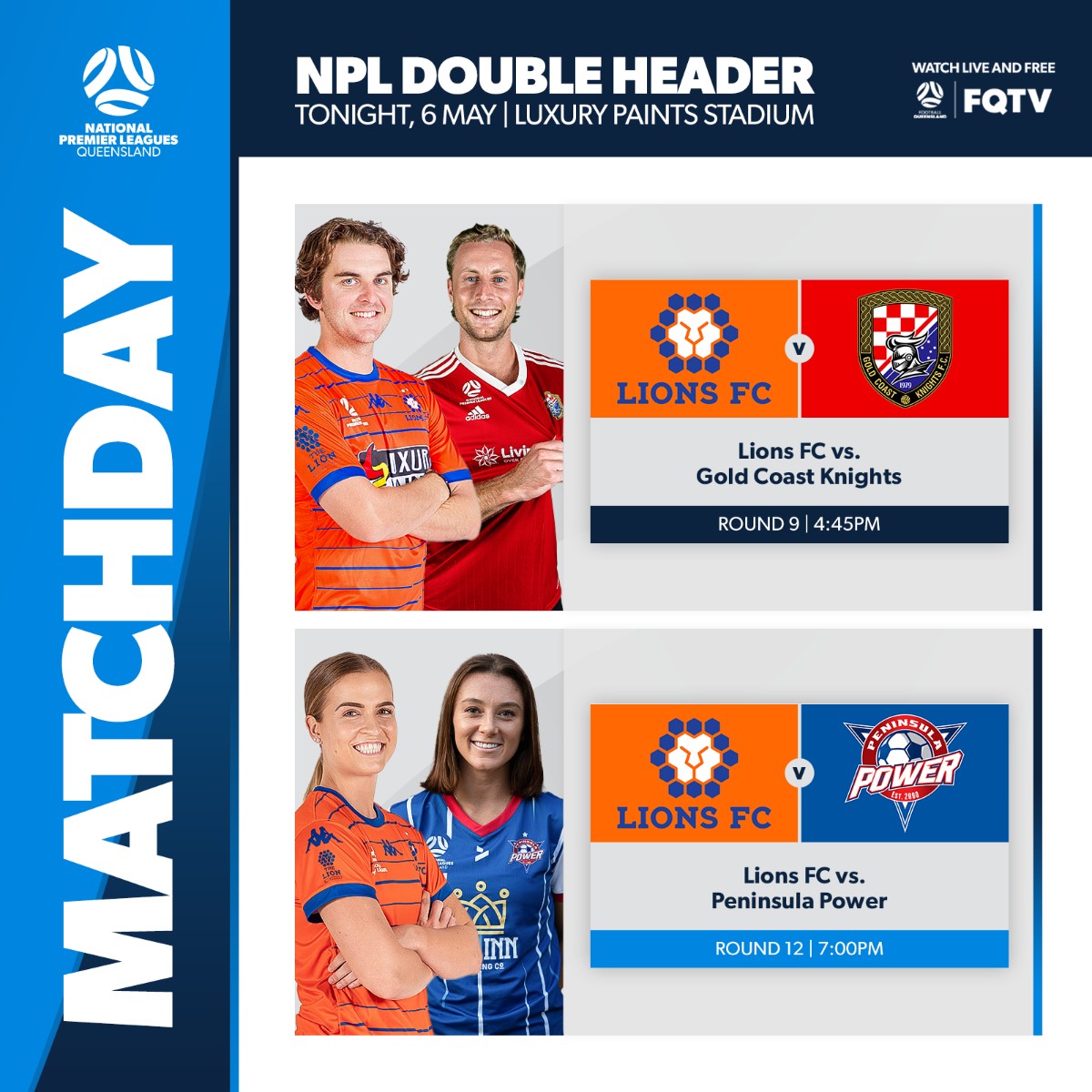 FootballQLD's tweet photo. An blockbuster #NPLQLD double-header for your Saturday night 🎬

@lionsfc1 host league heavyweights @gcknightsfc at 4:45pm in the men's competition, before an in-form @penpower_fc take on the women's league leaders at 7pm. 

🖥️ LIVE &amp; FREE via #FQTV 👉 https://t.co/jgOdYccoKn https://t.co/5kirqnmSR4