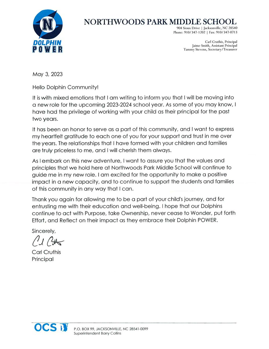 IHEARTNWP's tweet photo. Good evening, as we begin planning for the 23-24 school year, I wanted to let you know that I will not be returning to Northwoods Park Middle School, instead I will be transitioning to Blue Creek Elementary School to serve as their Principal. https://t.co/mT9mfMgOjW
