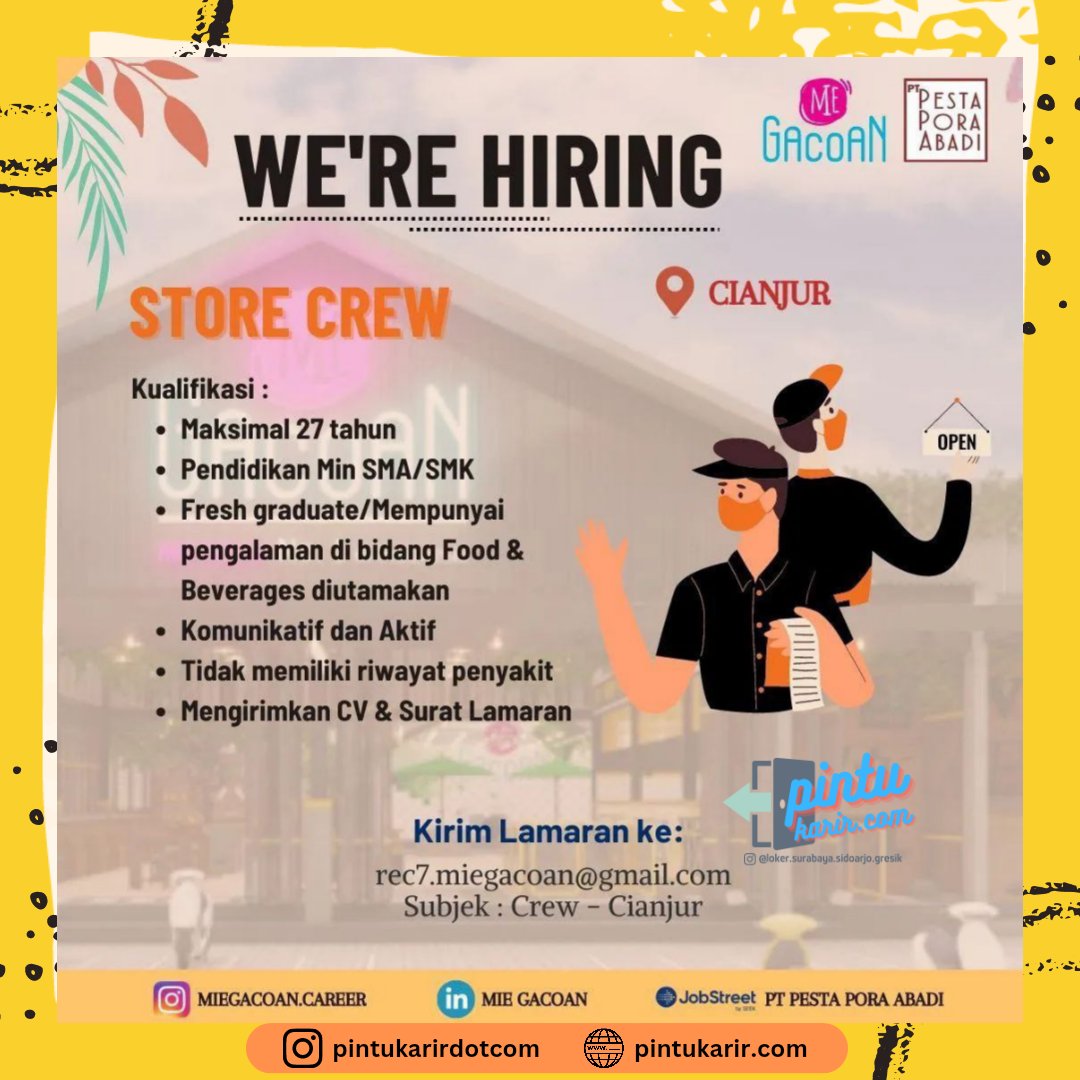 loker_subsdagre's tweet photo. Lowongan Kerja Store Crew Mie Gacoan
Semarang, Kudus, Cianjur
#loker #lowongan #lowongankerja #kerja #miegacoan #lokersma #storecrew #lokermiegacoan #jawatengah #jateng #lokerjateng #lokerjawatengah #pintukarir #pintukarircom #pintukarirdotcom https://t.co/ZyldDni4wt