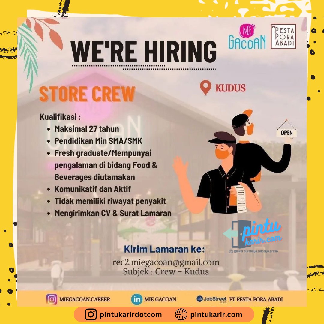 loker_subsdagre's tweet photo. Lowongan Kerja Store Crew Mie Gacoan
Semarang, Kudus, Cianjur
#loker #lowongan #lowongankerja #kerja #miegacoan #lokersma #storecrew #lokermiegacoan #jawatengah #jateng #lokerjateng #lokerjawatengah #pintukarir #pintukarircom #pintukarirdotcom https://t.co/ZyldDni4wt