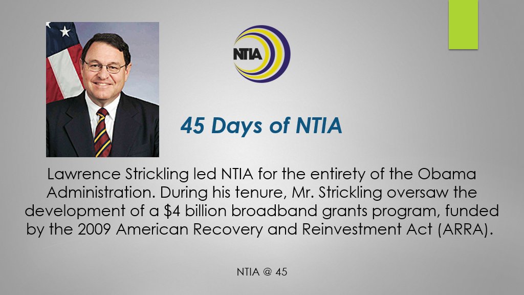 NTIAgov's tweet photo. Today's #45DaysofNTIA Fact of the Day is on former NTIA Administrator Lawrence Strickling.

Learn more about former A/S Strickling below: https://t.co/XHHdREqiBP