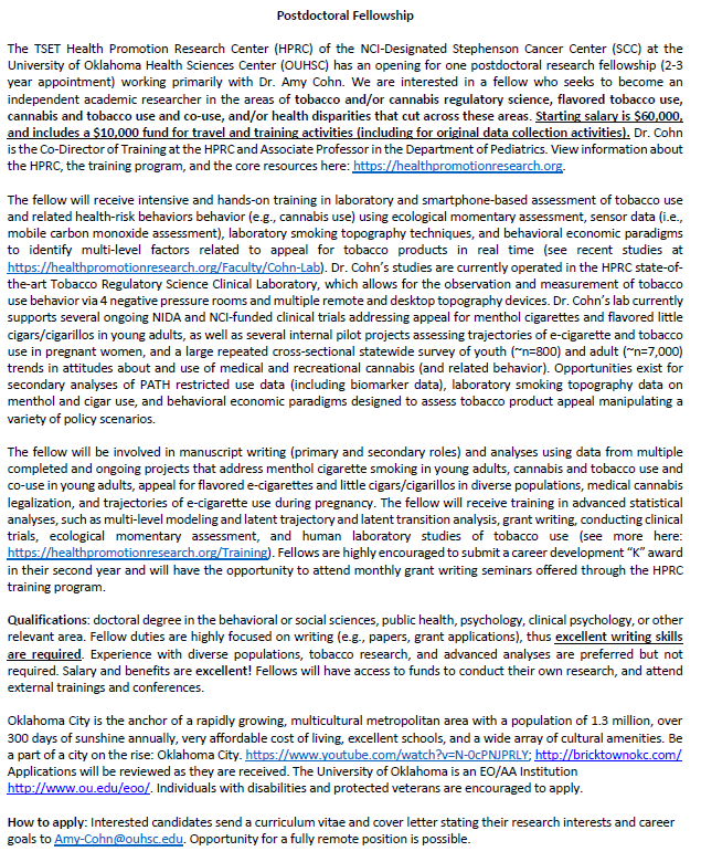 Stop_Smokin_now's tweet photo. Hiring HPRC postdoc ($60,000 salary). Mentor: Amy Cohn, PhD. Training: tobacco/cannabis use/co-use &amp; regulatory science, flavored tobacco use, &amp; health disparities. Please RT. @SBMDigitalHlth @srntorg @BehavioralMed @CPDDorg @ABCTtechsig @AACR @ABCTtechsig @thepostdoctoral https://t.co/zeAlDlqVls