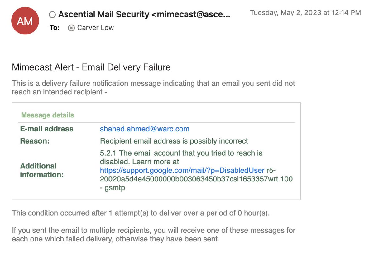 ThisIsTheCarver's tweet photo. @WARCEditors can't believe I am tweeting for this. Tried to set up a demo/intake call to see if a WARC subscription is a good idea for the agency I work at. Got a bounce on my reply. No other way to contact you. This is silly. @Ascential_ https://t.co/I4soI05a99