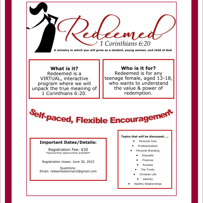 Registration for Redeemed is NOW open!!!! Register TODAY!!!

#RosiesHeart #LoveAbounds #Royalty #Redeemed #Radiance #Resilience #Revive #Nonprofit #Christian #HelpingOthers #fyp #JesusIsLord #LifeCourse #TeenageGirls #YoungLadies #Redemption #1Corinthians620