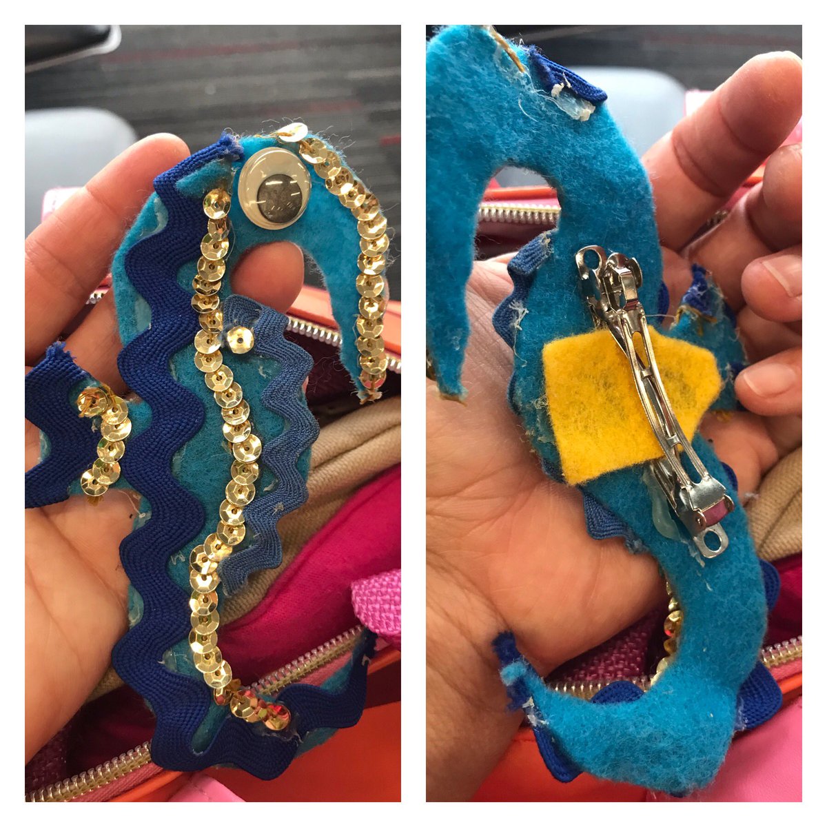 rainbowvlemur's tweet photo. My handmade seahorse barrette just sent TSA into a tizzy debating if it is a weapon #TSA #modernlife https://t.co/crWOm4gDV5