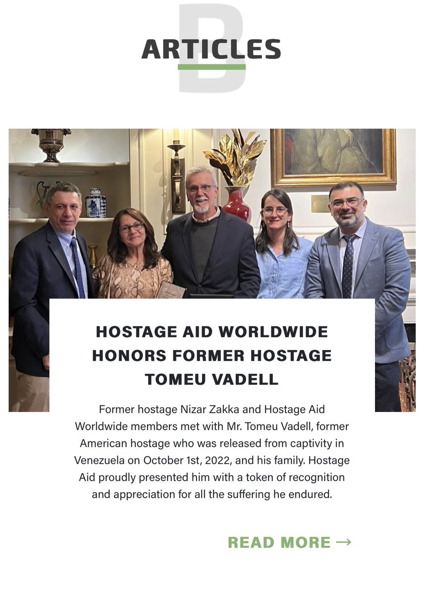 8/9 Hostage Aid Worldwide Honors Former Hostage Mr. Tomeu Vadell
hostageaid.org/blog/
HAW members &amp; former hostages <a href="/ZakkaNA/">Nizar Zakka</a> &amp; <a href="/GUStatProf/">Ali Arab</a> proudly presented Mr. Tomeu Vadell with a certificate of recognition &amp; a challenge coin in appreciation of his courage &amp; resilience in the