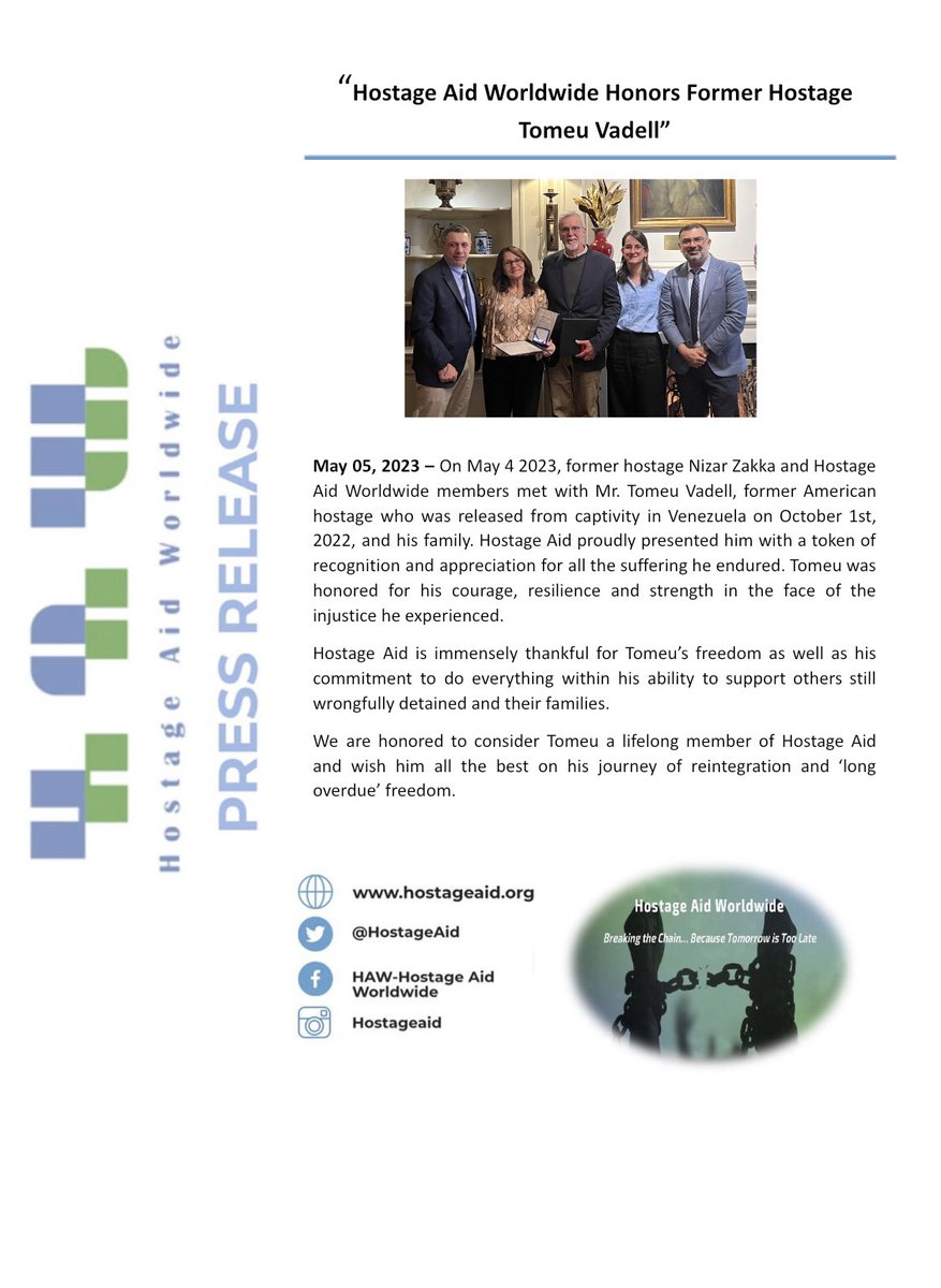 HostageAid's tweet photo. 8/9 Hostage Aid Worldwide Honors Former Hostage Mr. Tomeu Vadell
https://t.co/Pvq9qvvvTc
HAW members & former hostages @ZakkaNA & @GUStatProf proudly presented Mr. Tomeu Vadell with a certificate of recognition & a challenge coin in appreciation of his courage & resilience in the face of the injustice & suffering he endured.
@Vvadell