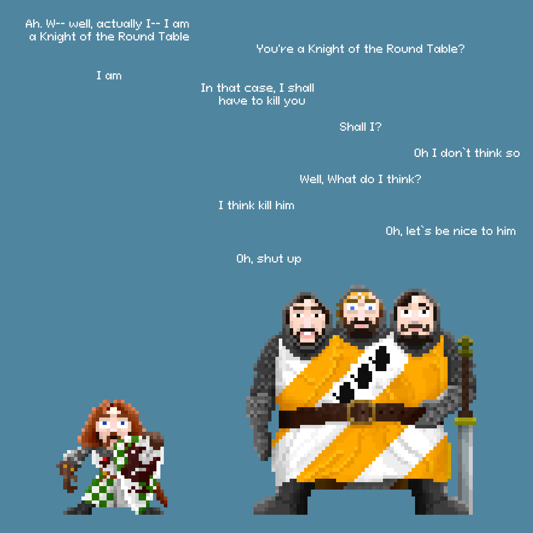 pixelsotes's tweet photo. Today it's Michael Palin's birthday and we can't forget his turn as one of the heads of the Three-Headed Knight on 1975's Monty Python and the Holy Grail #MichaelPalin #pixelsotes #montypython #pixelart https://t.co/j58UoGN0eo