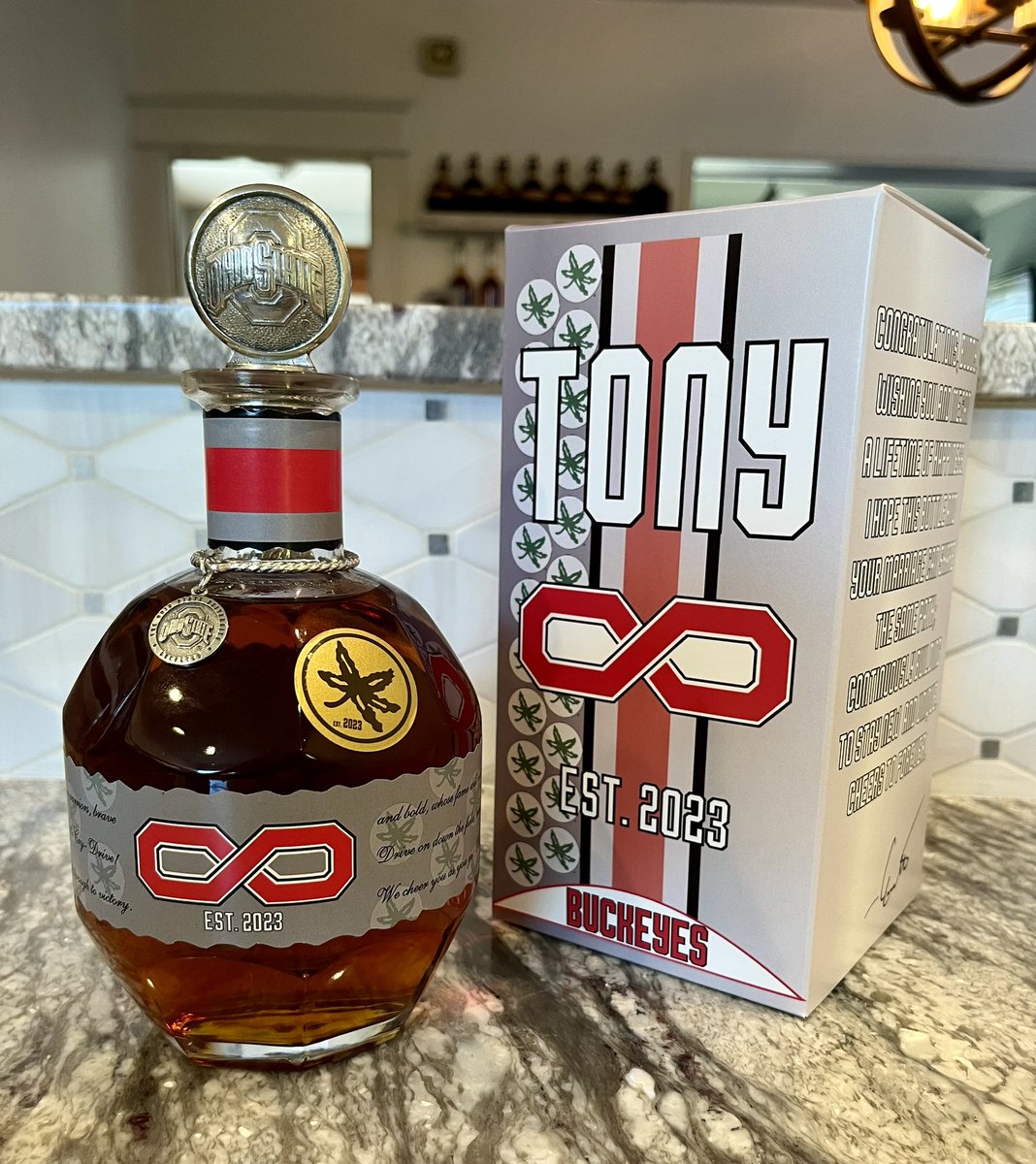 GarrettPatrick1's tweet photo. OSU buddy is getting married, so I combined my love of packaging &amp; bourbon and made him an infinity bottle for the wedding. 

Naturally had to make MSU and Clemson ones for myself. Pretty stoked how they all turned out. https://t.co/xyivXxPpEj
