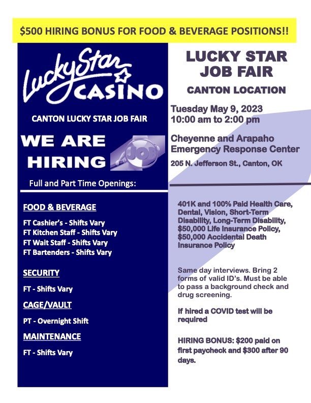 Lucky Star Job Fair|#Canton, OK | 05/09/2023 | 10:00 AM - 2:00 PM|

See flyer, register <a href="/WeGotYourGame/">Lucky Star Casino</a>

#JobFair #Onsite #Jobseekers