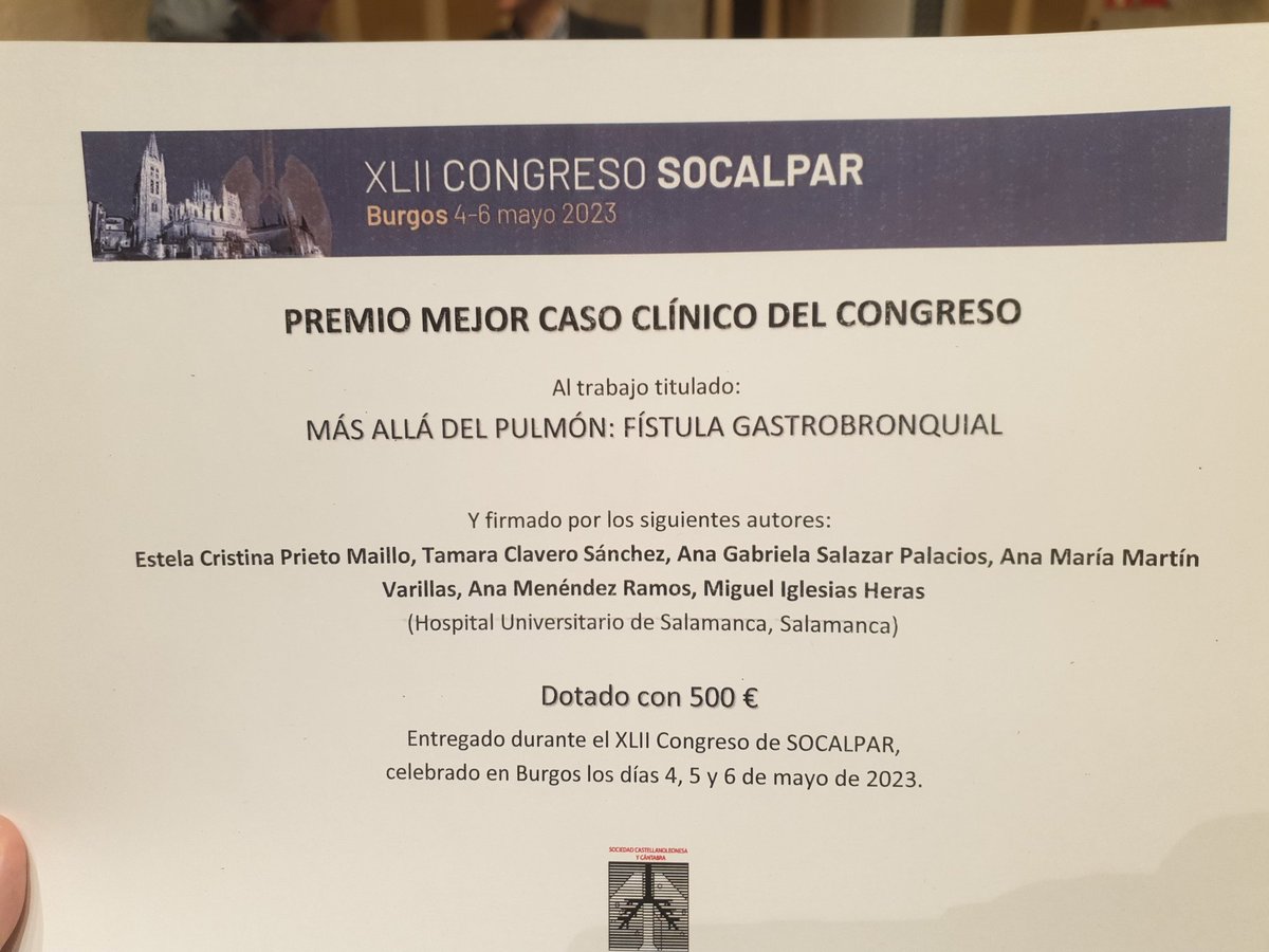NeumologiaS's tweet photo. Premio al mejor caso clínico del #42CongresoSocalpar para nuestras residentes Estela Prieto, @ResiTam2020, Ana Martín y Gabriela Salazar por un caso de fístula gastrobronquial!!!
👏👏👏👩‍⚕️🫁🩺
Ahora, a celebrarlo!!!
@Socalpar @SeparJovenes
#neumología #neumologiaintervencionista https://t.co/ZmGT0OwPHF