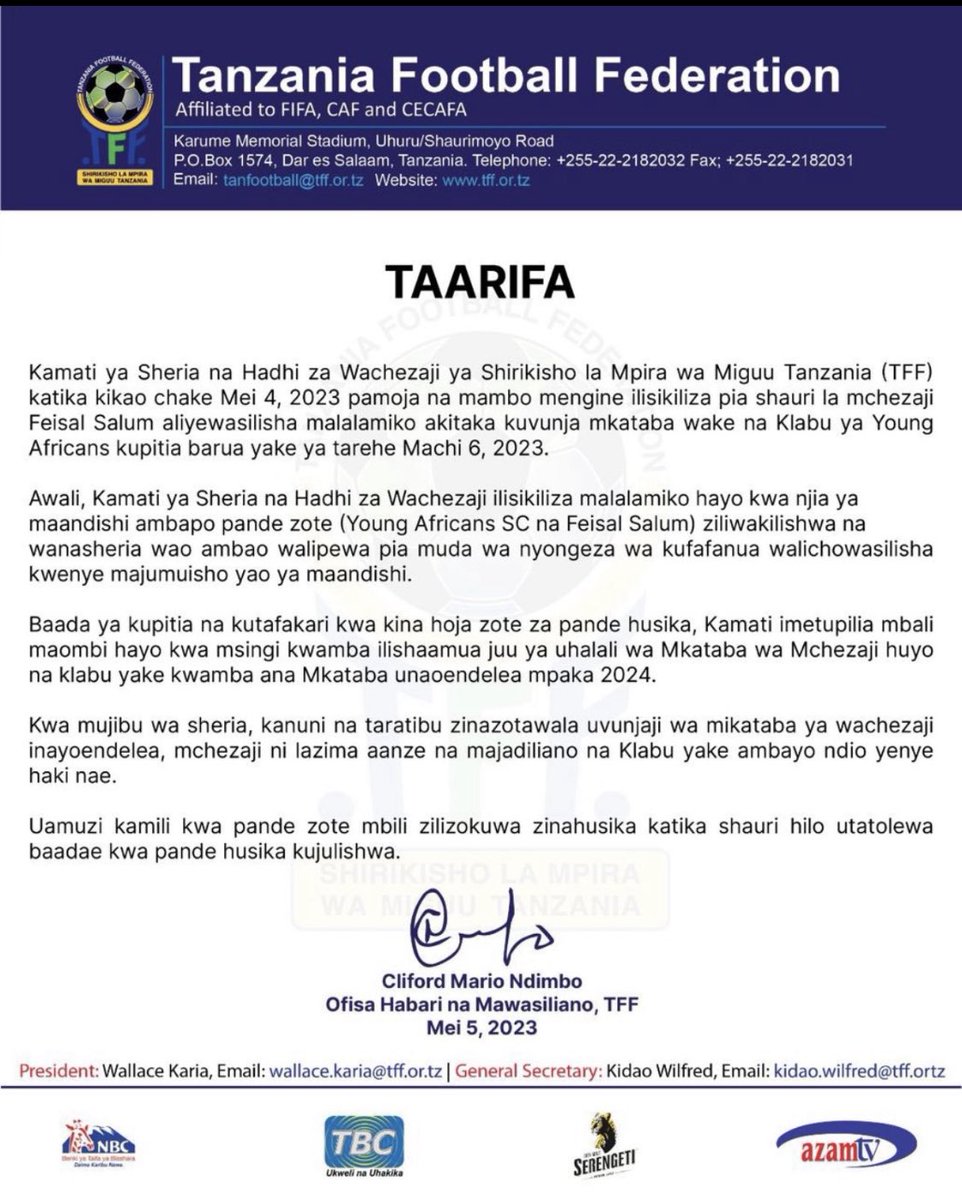 chiefwire's tweet photo. Taarifa ya TFF https://t.co/EJrDNJEpm9