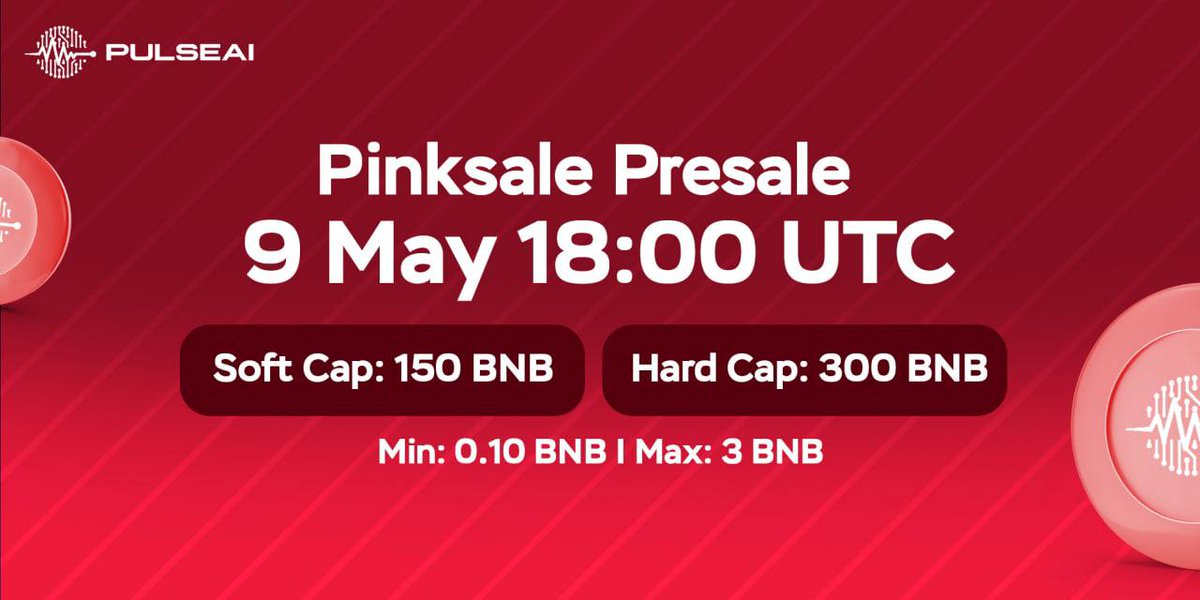 We're excited to announce that our presale event is coming up on May 9th, and it's happening on the Pinksale. Investors should take advantage of this fantastic opportunity to purchase some $PULSE early.

To ensure that you don't miss out, be sure to mark your calendars and set a