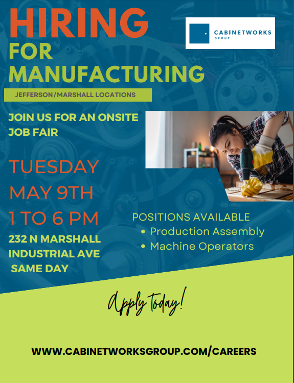 Hiring for Manufacturing Job Fair|#Marshall, TX | 05/09/2023 | 01:00 PM - 06:00 PM|

See flyer, register <a href="/ETBUCareers/">ETBUCareers</a>

#JobFair #Onsite #Jobseekers