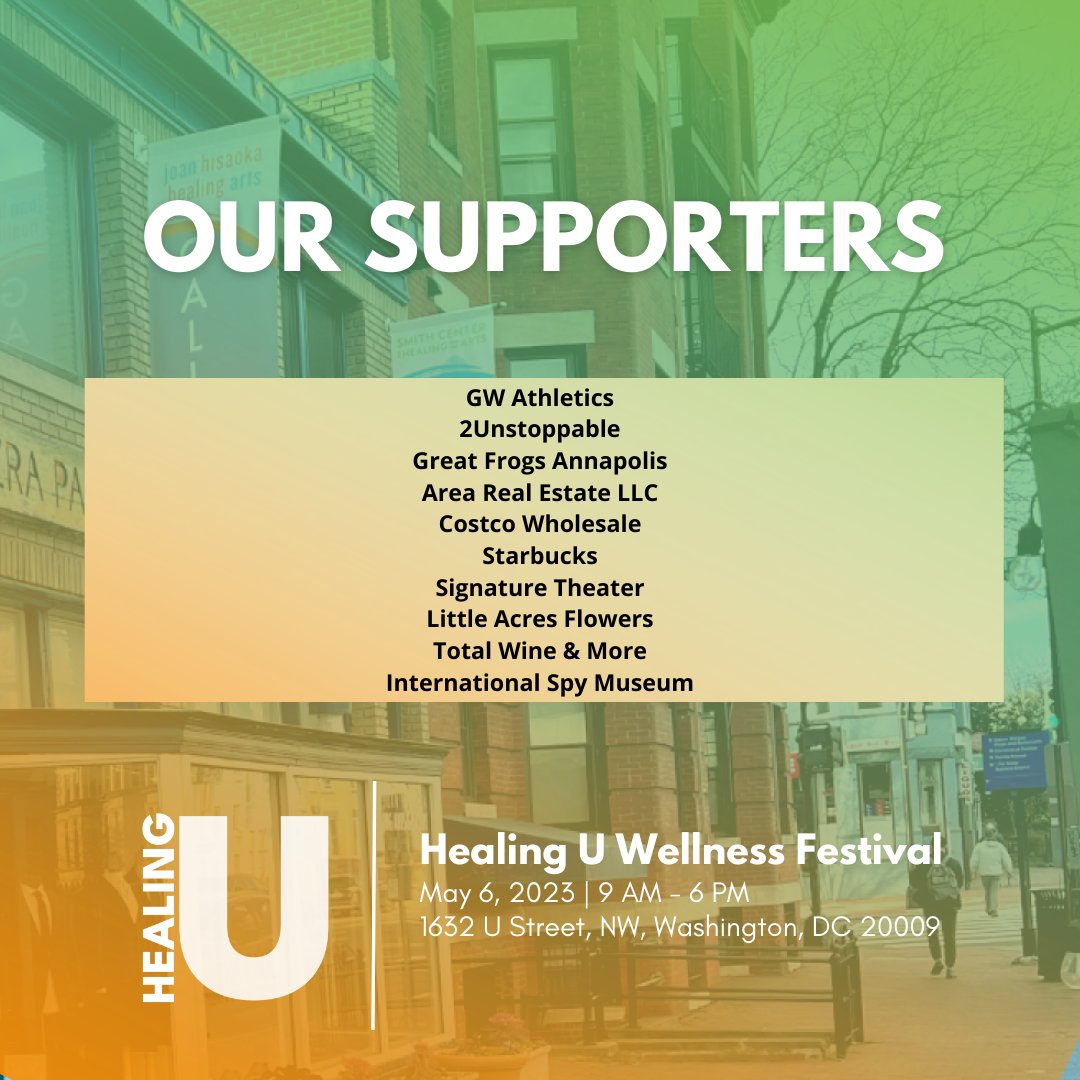 Special Thank you to our supporters who are helping to make tomorrow's Healing U Wellness festival possible.

See you all tomorrow!