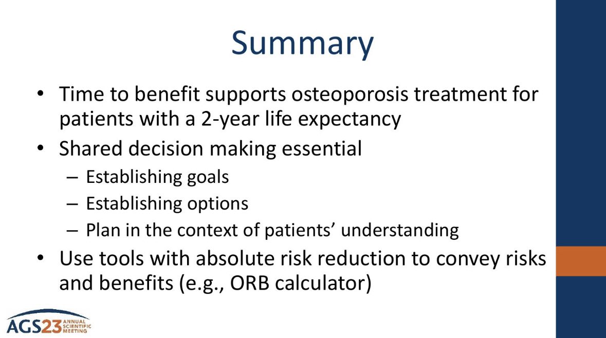HuynhCassie's tweet photo. Wonderfully succinct and useful pearls from Dr Sarah Berry about counseling older pts regarding tx for osteoporosis #AGS23 #clinicalpearls https://t.co/kDrYbhFBYI