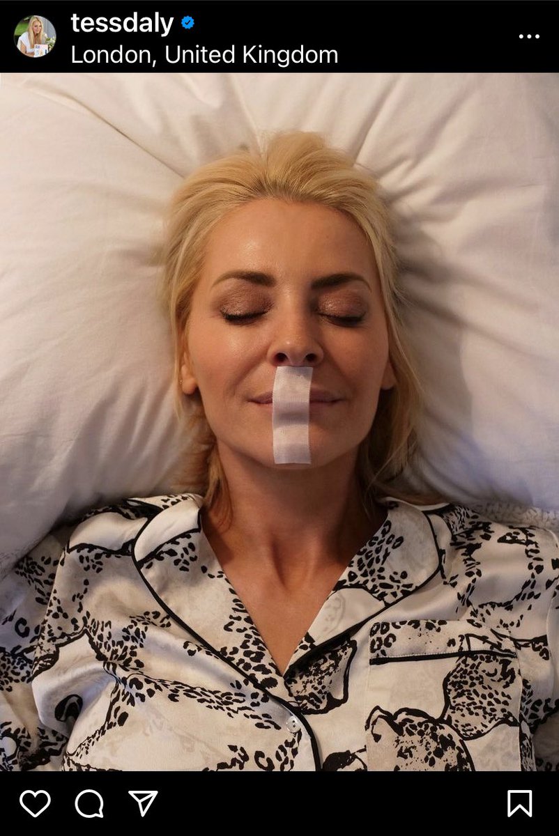 thesleepgeek's tweet photo. Tess Daly over on Insta telling people to mouth tape. She knows her stuff when it comes to @bbcstrictly but whoever is advising her on her sleep is selling her some snake oil. I'll say it again, unless you've consulted with an clinician, don't tape your mouth, it's dangerous https://t.co/exv0NNOwgB