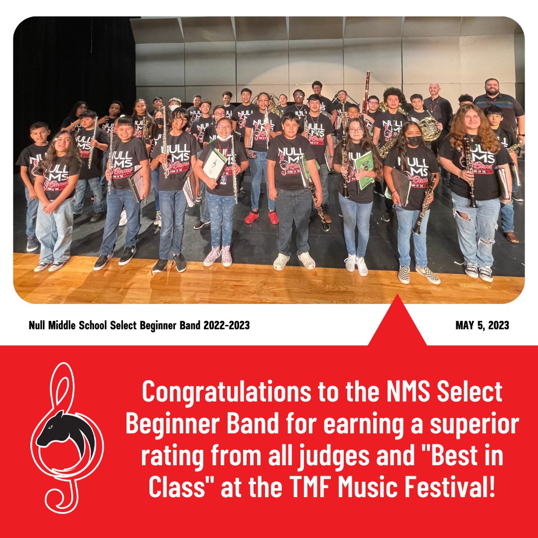 BandNull's tweet photo. Congratulations to the NMS Select Beginner Band for earning a superior rating from all judges and "Best in Class" at the TMF Music Festival! #nullband #soundofthestallions #sheldonsparks https://t.co/UnjsWmmA9k