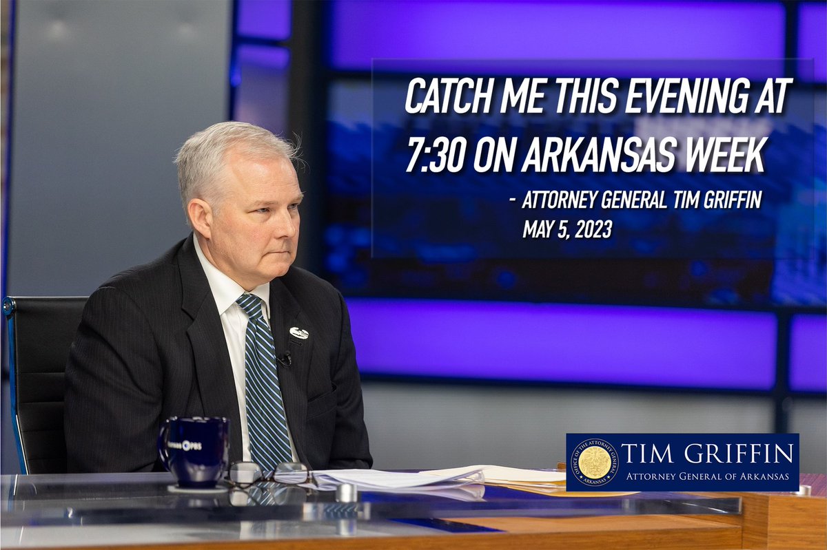 AGTimGriffin's tweet photo. Catch me this evening at 7:30 on @ArkansasPBS #ArkansasWeek where I discuss our lawsuits against @tiktok_us & @Meta for deceptive trade practices & how we are equipping parents so they can make informed decisions about their children & social media. #arnews https://t.co/DPqsqLw0BL