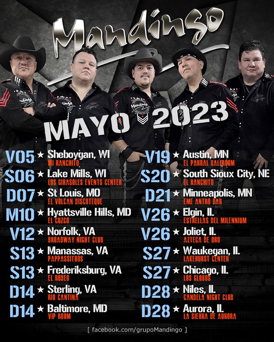 grupomandingo's tweet photo. Mayo 2023 | WISCONSIN • MISSOURI • MARYLAND • VIRGINIA • NEBRASKA • MINNESOTA • ILLINOIS 🙏🏽
#QueSoledad #grupoMandingo https://t.co/BIvZVQJKFu