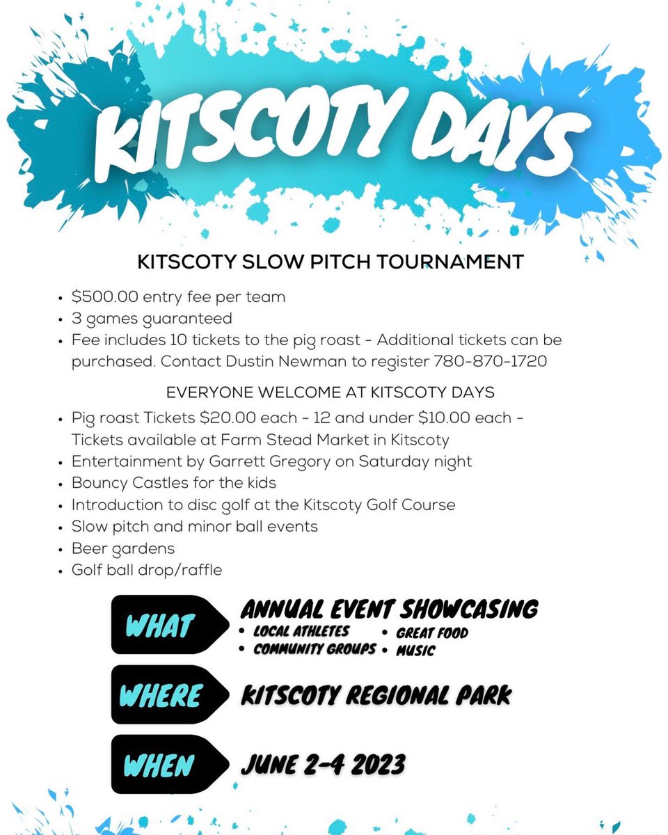 CALLING ALL SLOW PITCH TEAMS:  We are looking for slow pitch teams for our Kitscoty Days slow pitch tournament- see details below.  Contact <a href="/newmandustin/">Dustin Newman</a>  Dustin 780-870-1720 to register... each team member gets a ticket to our PIG ROAST plus great Saturday entertainment!