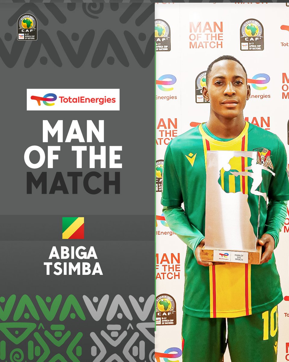 CAF_Online's tweet photo. What a top performance! 😍🔝
Abiga Tsimba is the #CGOALG TotalEnergies Man of the Match! 🏅
#TotalEnergiesAFCONU17 | @Football2Gether https://t.co/Mwmd0LF2Qd