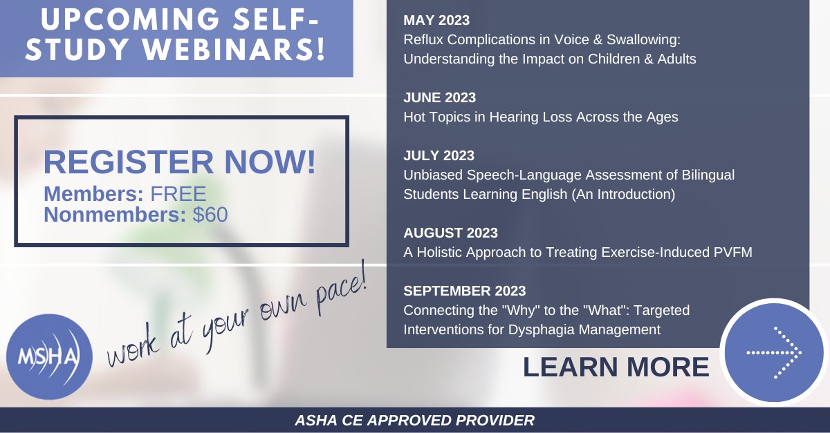 Happy May and Better Hearing &amp; Speech Month!

MSHA have lots of exciting upcoming self-studies over the next few months! Check out all the topics and register today to work at your own pace and earn ASHA CEUs.

Events Calendar: mshahearsay.org/Professional-D…

#selfstudies #slps #MSHA