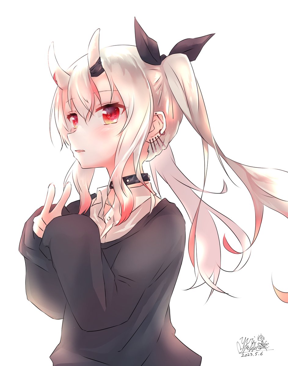 nakiri ayame 1girl horns solo red eyes oni horns twintails long hair  illustration images