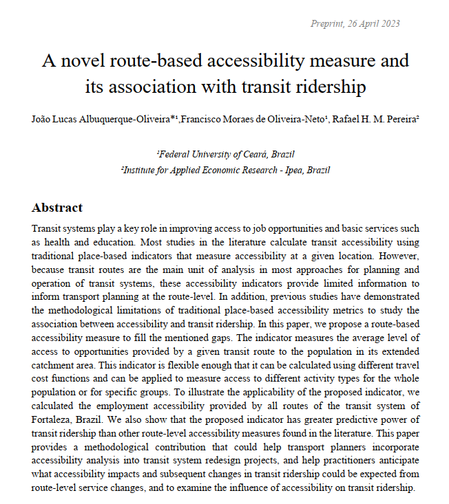 Excited to share the pre-print of the paper I wrote for my master's dissertation: 
“A novel route-based accessibility measure and its association with transit ridership”, co-authored with Francisco Moraes and <a href="/UrbanDemog/">Rafael H. M. Pereira 🚡 Urban Demographics</a>
Link: osf.io/8j6fw/
Thread (1/n):
