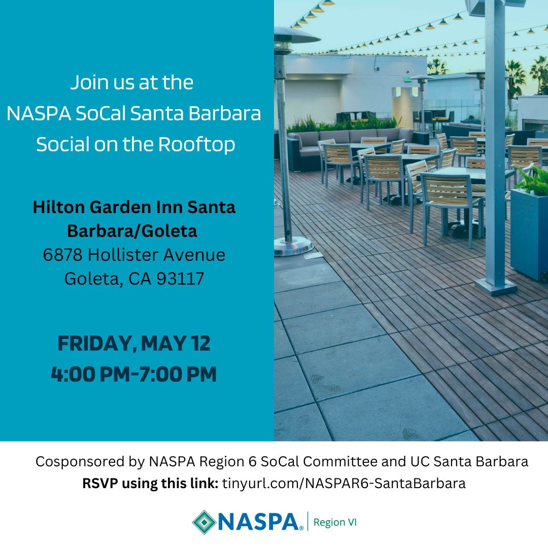NASPA6's tweet photo. NASPA Region 6 SoCal Committee is excited to partner with UCSB for an afternoon among colleagues.
Join us on Friday, May 12 from 4:00 to 7:00 p.m. PT at the Hilton Garden Inn Santa Barbara/Goleta (6878 Hollister Avenue Goleta, CA 93117)! ☀️🌴
RSVP in our bio!
#NASPA #NASPA6 https://t.co/G3Mr8zKXRL