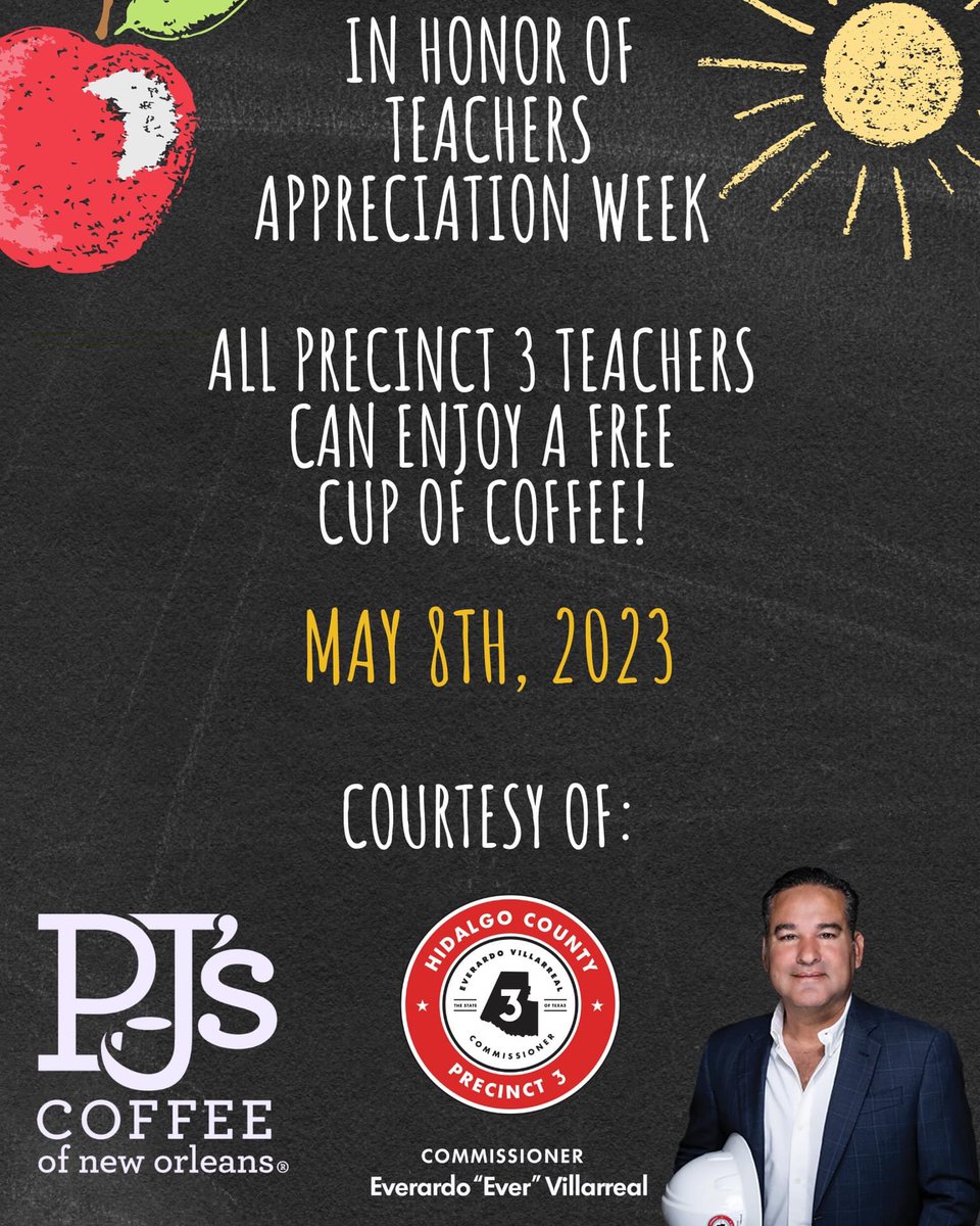 EverPct3's tweet image. Exciting news! I've partnered with PJs Coffee to show some love to our Precinct 3 teachers during Teacher Appreciation Week. Teachers, swing by on Monday, May 8th, for a free cup of coffee on me! Offer valid at Palmview location only. ☕️ 📚 
#TeacherAppreciationWeek #PJsCoffee