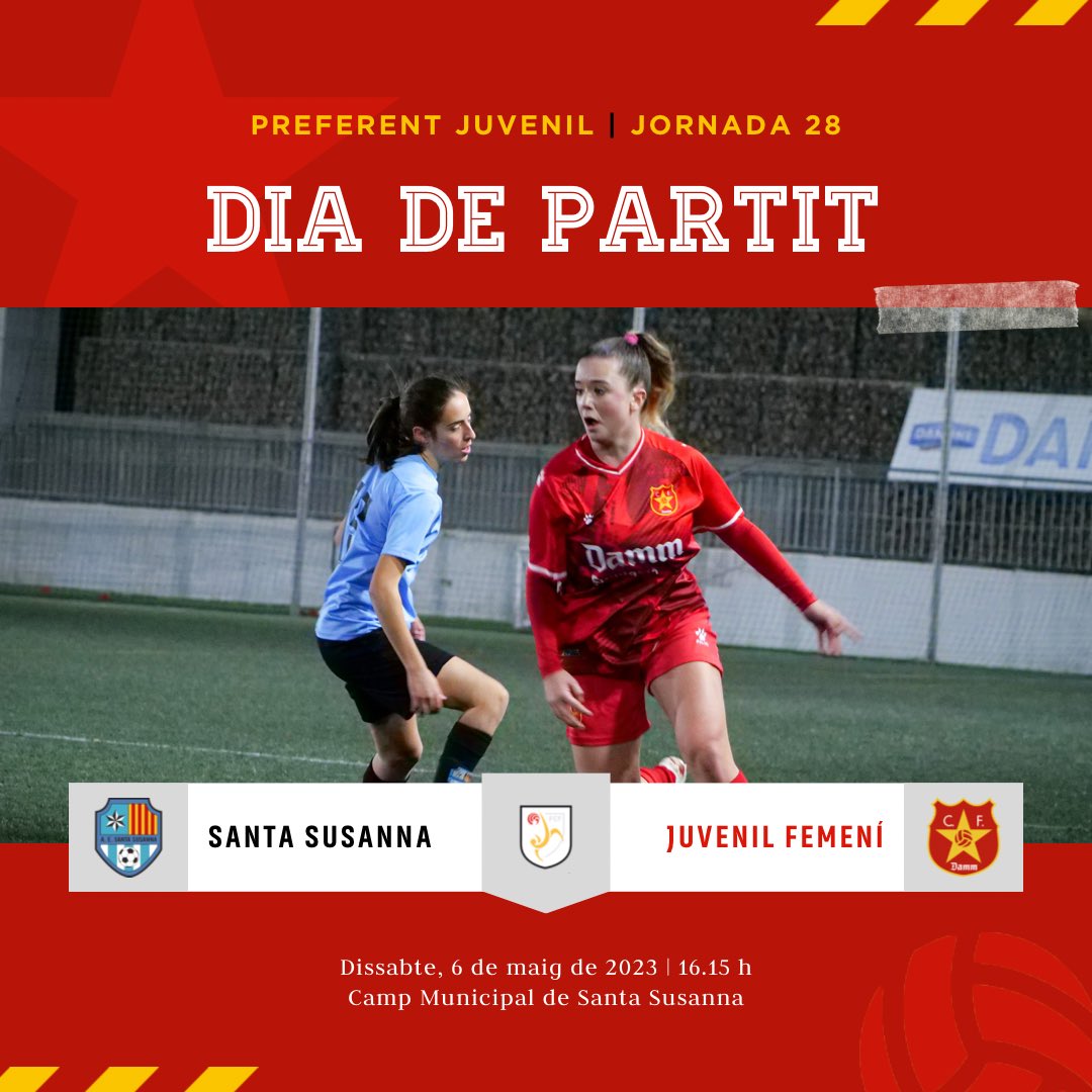 ⚽️ DIA DE PARTIT!
🆚 <a href="/AE_SantaSusanna/">AE Santa Susanna</a> - JUVENIL FEMENÍ 
🕟 16.15h
🏆 J28 Preferent Femení Juvenil
🏟 Municipal de Santa Susanna