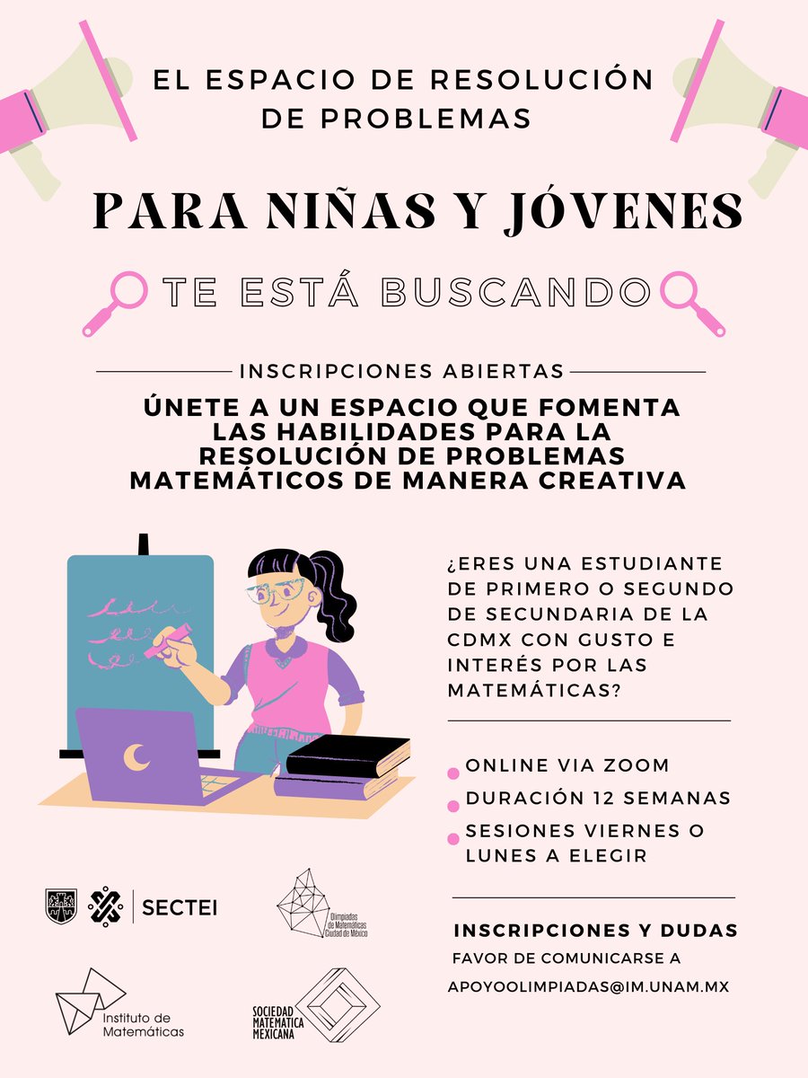 CDMXOMM's tweet photo. 🚨🚨Invitamos a las estudiantes de 1ro y 2do de secundaria a inscribirse al Espacio de Resolución de Problemas para niñas y jóvenes 🚨🚨

Pueden inscribirse  en https://t.co/nD0n9XOTe9
Hay cupo limitado

¡No se lo pierdan! https://t.co/7nUDZFzHBJ