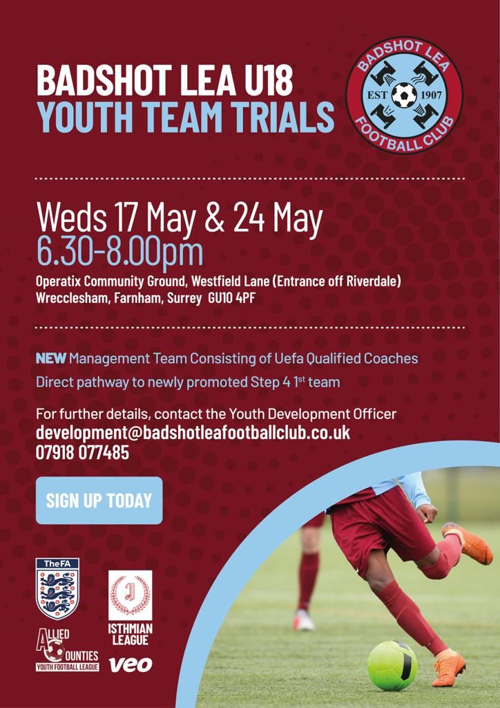 BadshotLeaColts's tweet image. We are holding 2x trial dates for our Allied Counties u18 Youth Team.
With the 1st team’s recent promotion into the Isthmian League, this is a great time to be involved with our club.
Sign up for the trials using the below link. 

docs.google.com/forms/d/e/1FAI…