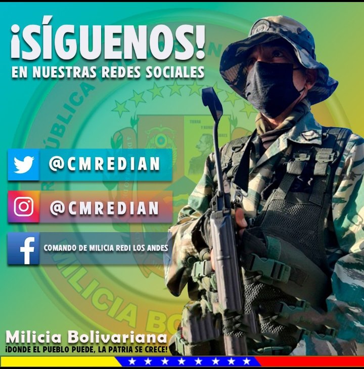 ¡Síguelos en sus Redes Sociales! Para mantenerte informado e informada, de las noticias más relevantes de la Milicia Bolivariana en la REDI Los Andes. 📲

¡Donde el Pueblo Puede, la Patria Se Crece!

#PuebloAlegreYUnido 

@Milicia_B1
@torrealbaf 
@JCSantelizS 
@SoyRevolucion4