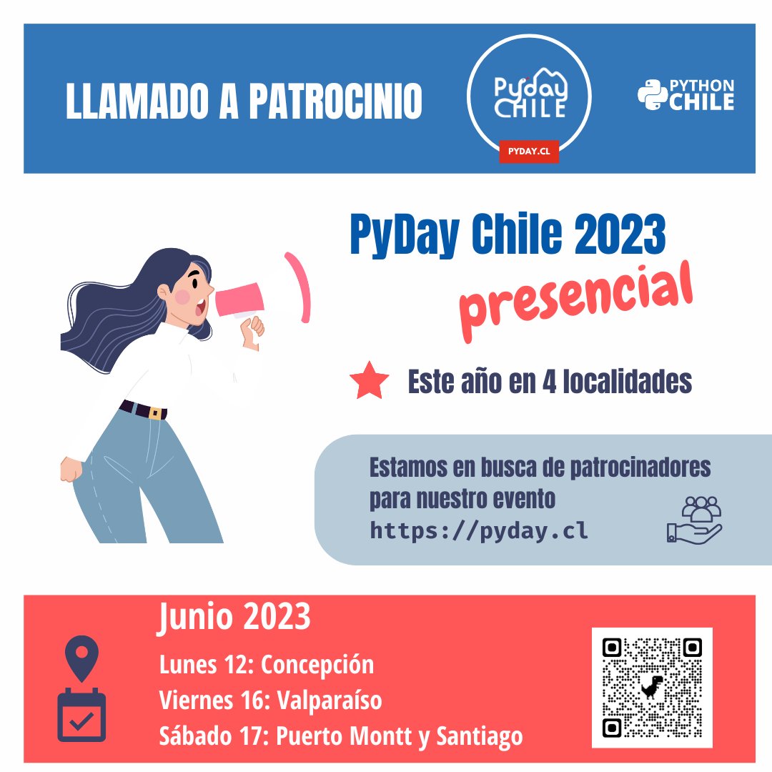 📢 ¿Quieres colaborar con nuestra comunidad de #PythonChile?

 ¡Únete como patrocinador del #PyDayChile2023!🐍 
Estaremos en 4 localidades de manera presencial en el mes de Junio.🚀

Información sobre patrocinios: 👇
pyday.cl/#sponsor