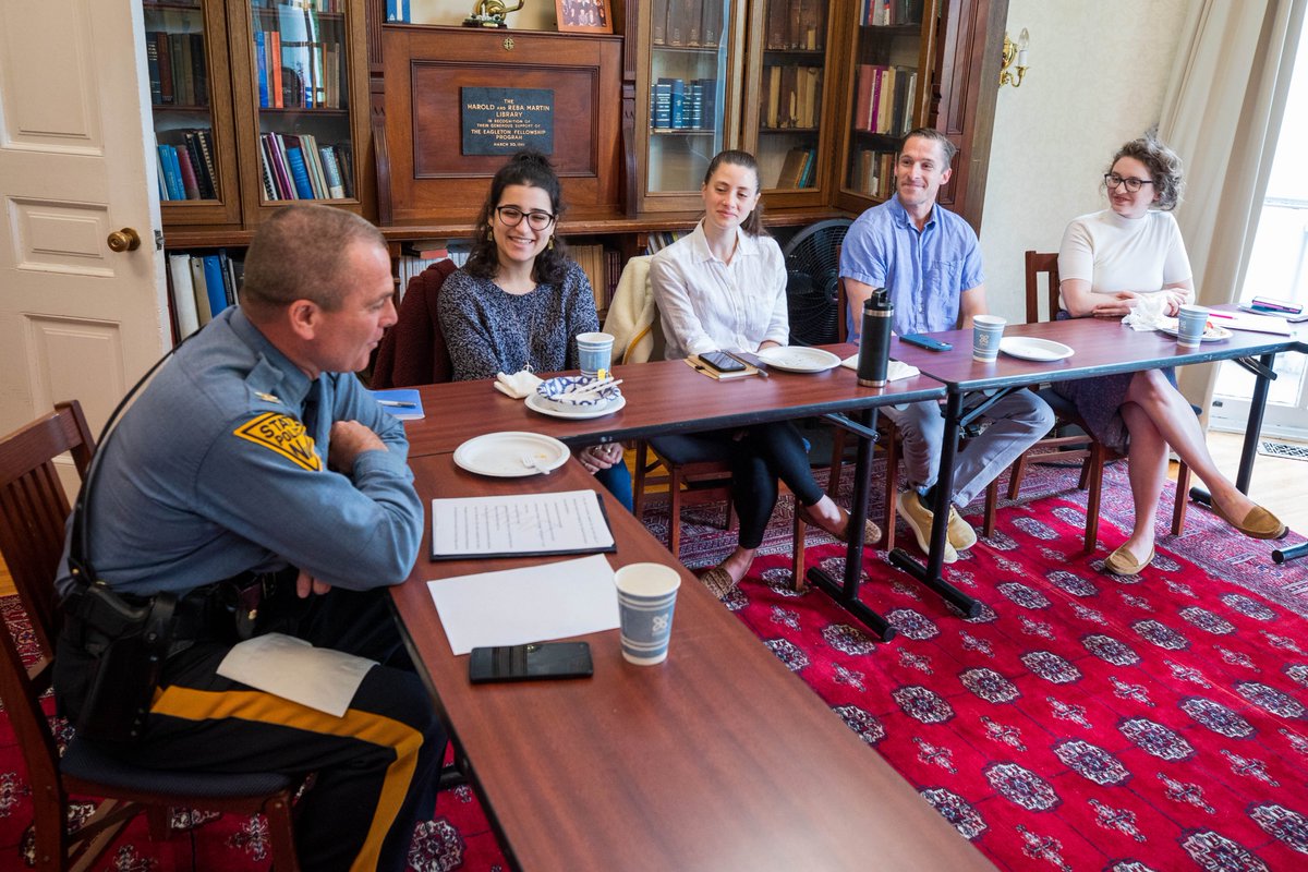 NJSP's tweet photo. Today, New Jersey State Police Superintendent Colonel Patrick Callahan paid a visit to @Eagleton_RU in New Brunswick for a round-table discussion on the State Police’s role during Hurricanes Sandy and Ida and the COVID-19 Epidemic. https://t.co/nA7lre0jTD