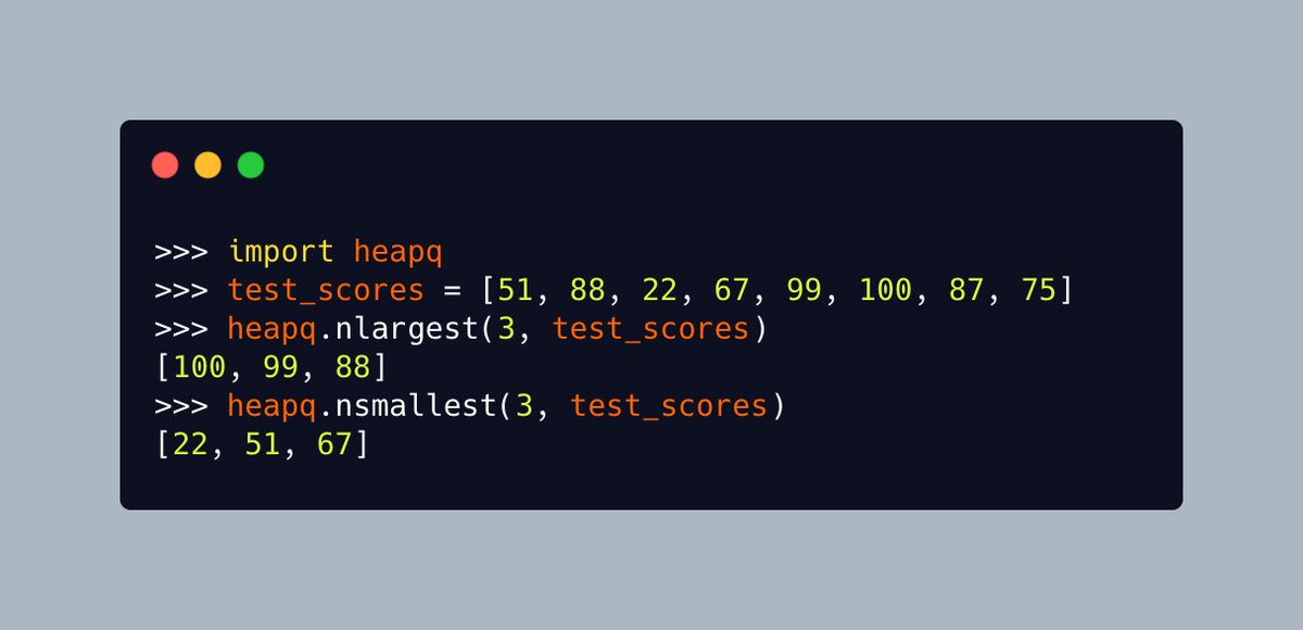 driscollis's tweet image. Want to find the N largest or N smallest values in a #Python list? Use the `heapq` module! 🐍🔥