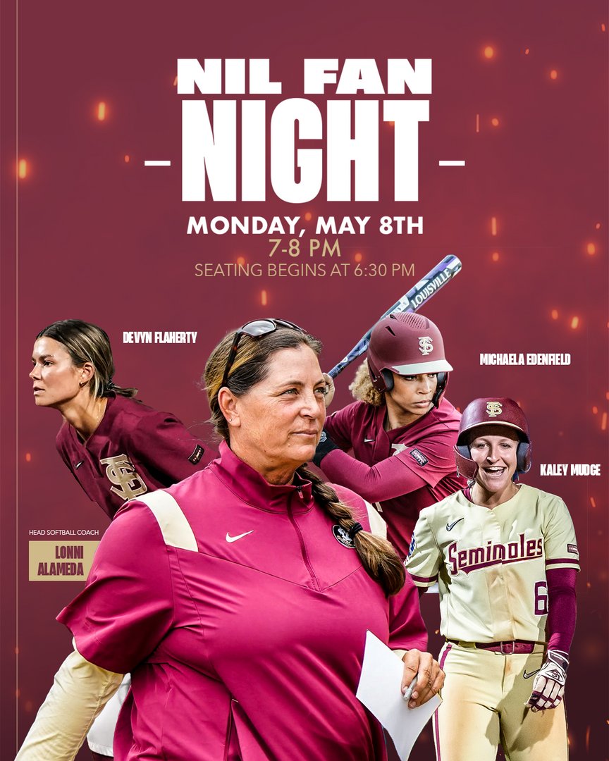 Let's play ball‼️ 

Come join the fun at @glorydays_flga on Monday, May 8th for a special NIL Fan Night! You'll have the chance to meet your favorite <a href="/FSU_Softball/">Florida State Softball 🥎</a> Athletes, win some awesome giveaways, and support the cause. 

See you there from 7-8 PM - we can't wait!