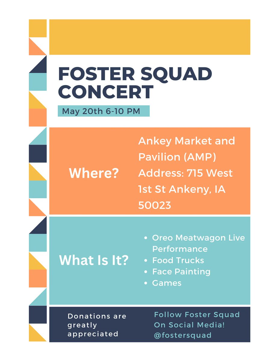 UPCOMING FUNDRAISER!! Mark your calendars for May 20th because Foster Squad is hosting a concert. There will be food trucks, music, games, and more! Bring your friends and family... we look forward to seeing you there!