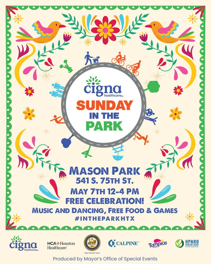 SylvesterTurner's tweet photo. Join us this Sunday from 12pm-4pm, as we will host our latest @Cigna Sunday in the Park at @HPARD's Mason Park.
There will be free food, dancing, music, and so much more. #InTheParkHTX https://t.co/FvdiYzxgiQ