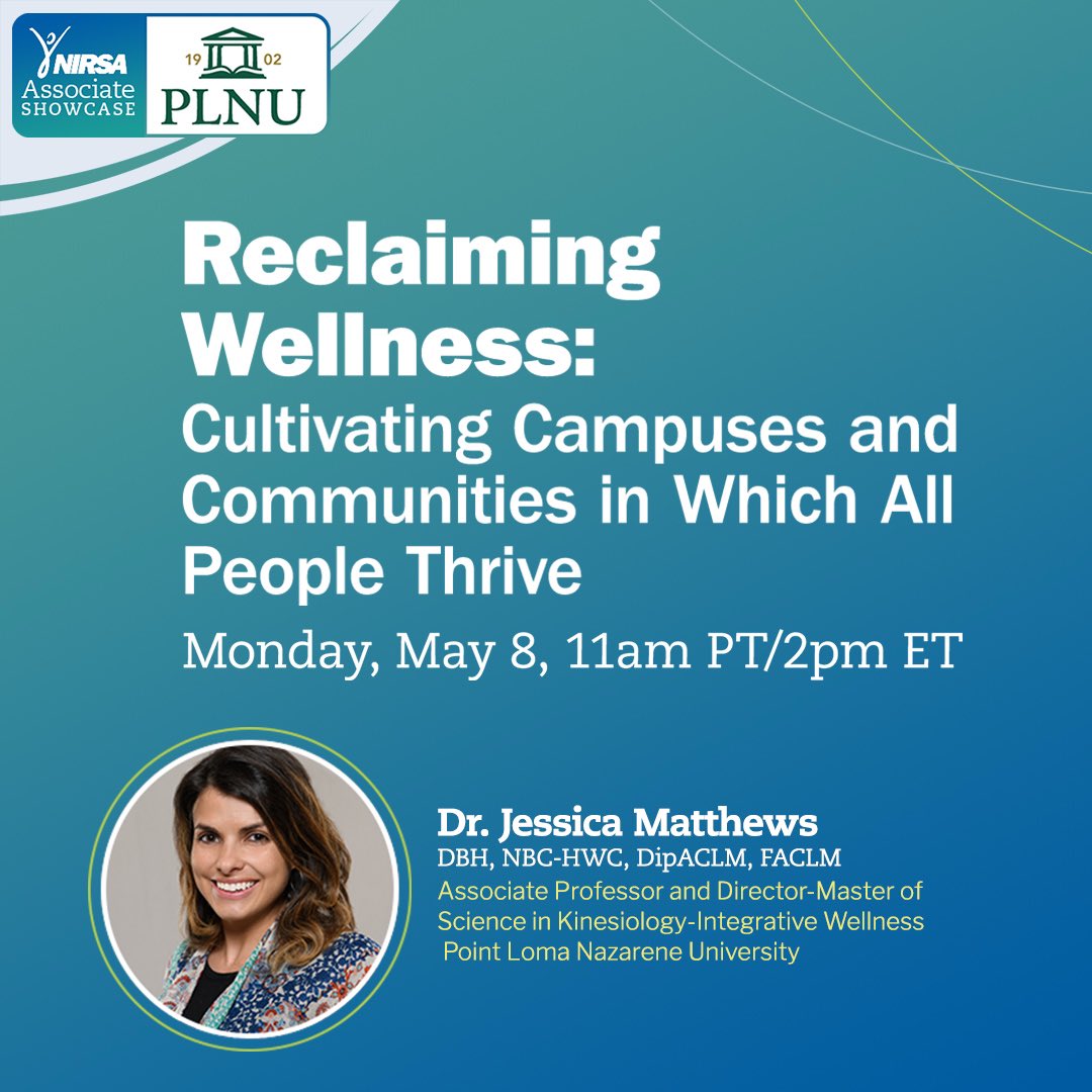 Mark your calendars and join me Monday 5/8 from 11a-12p PT for this FREE <a href="/NIRSAlive/">NIRSA</a> + <a href="/PLNU/">Point Loma Nazarene University</a> collaborative webinar.

Open to all! Get the full details and sign up via the link below-

nirsa.net/nirsa/2023/04/…

#wellnes #wellbeing #webinar #education #wholepersonhealth