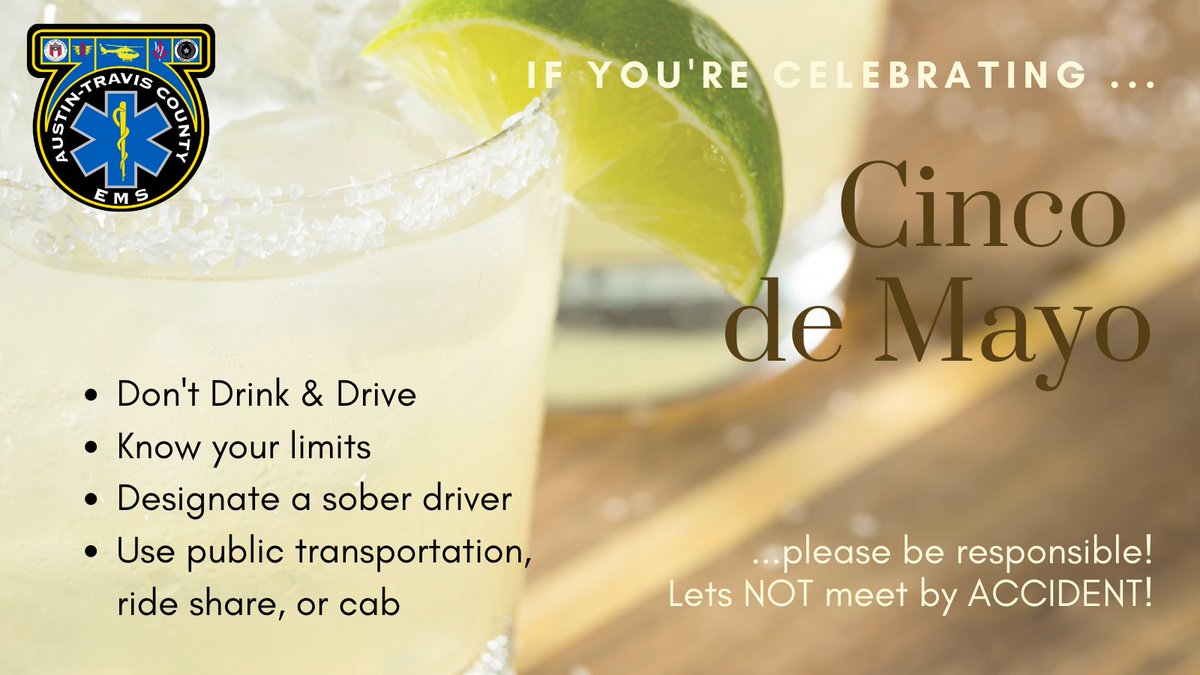 Today is CInco deMayo! If you're planning on celebrating with a margarita, or perhaps a Mexican Martini, let's not meet by accident!

#DontDrinkAndDrive
Know your limits
Designate a sober driver
Use public transportation, ride share, or a cab

AND #BeWeatherAware