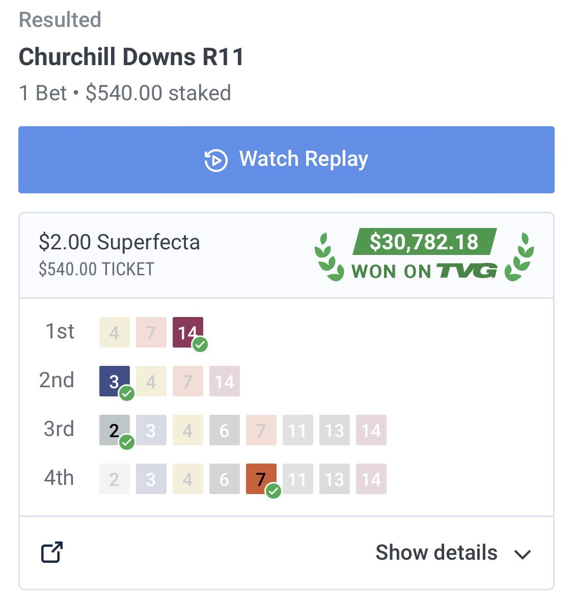 RacingDownWind's tweet image. Kentucky Oaks Superfecta Hit. #KentuckyOaks @ChurchillDowns