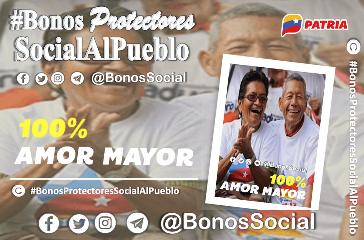 BonosSocial's tweet photo. 📢 Inicia la entrega de la pensión 💯% #AmorMayor (mayo 2023) a través del Sistema @CarnetDLaPatria enviado por nuestro Pdte. @NicolasMaduro.

📌 Monto en Bs. 130,00

📝 #Nota: Deberá aceptar el beneficio en la pestaña #ProtecciónSocial 

@BonosSocial 
#12AñosGMVV https://t.co/yCuKIfqTrb