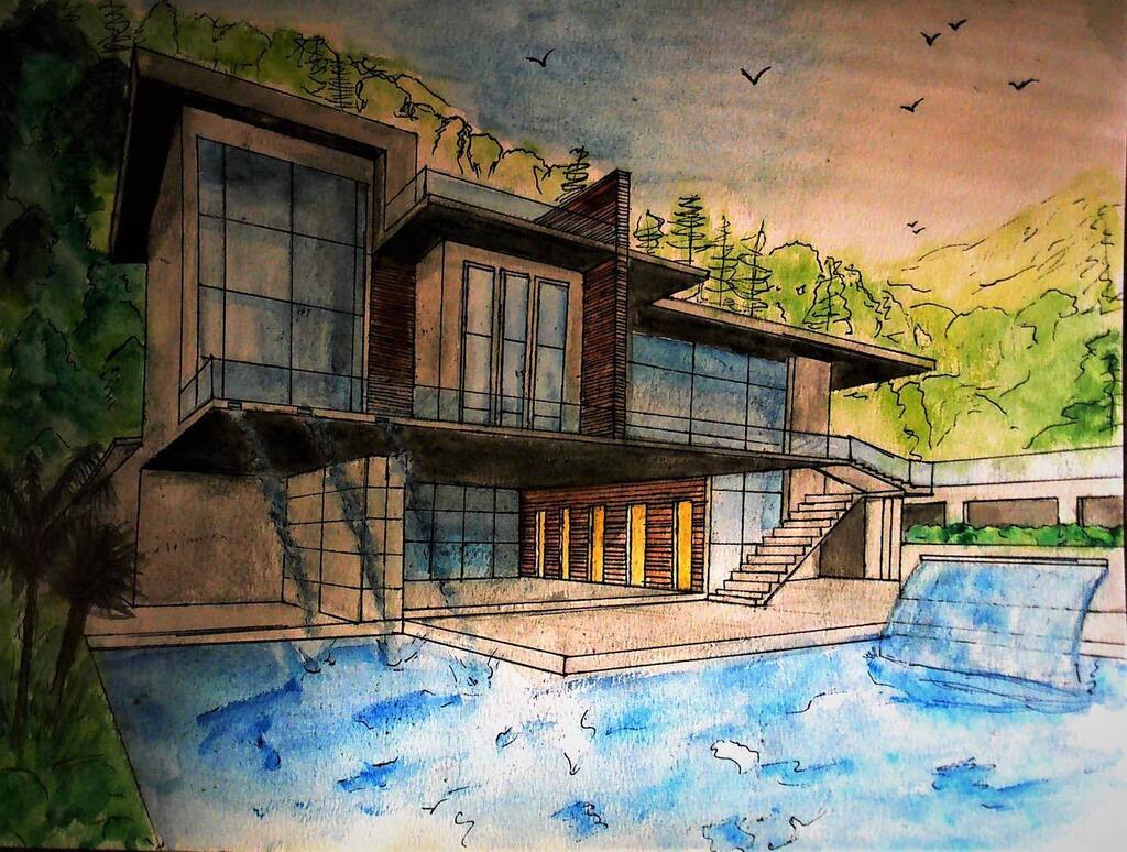 Artist of the Week! Stephany Estrada Grade 9 Modern House Pen and Watercolor instagr.am/p/Cr4FJdDP7D-/