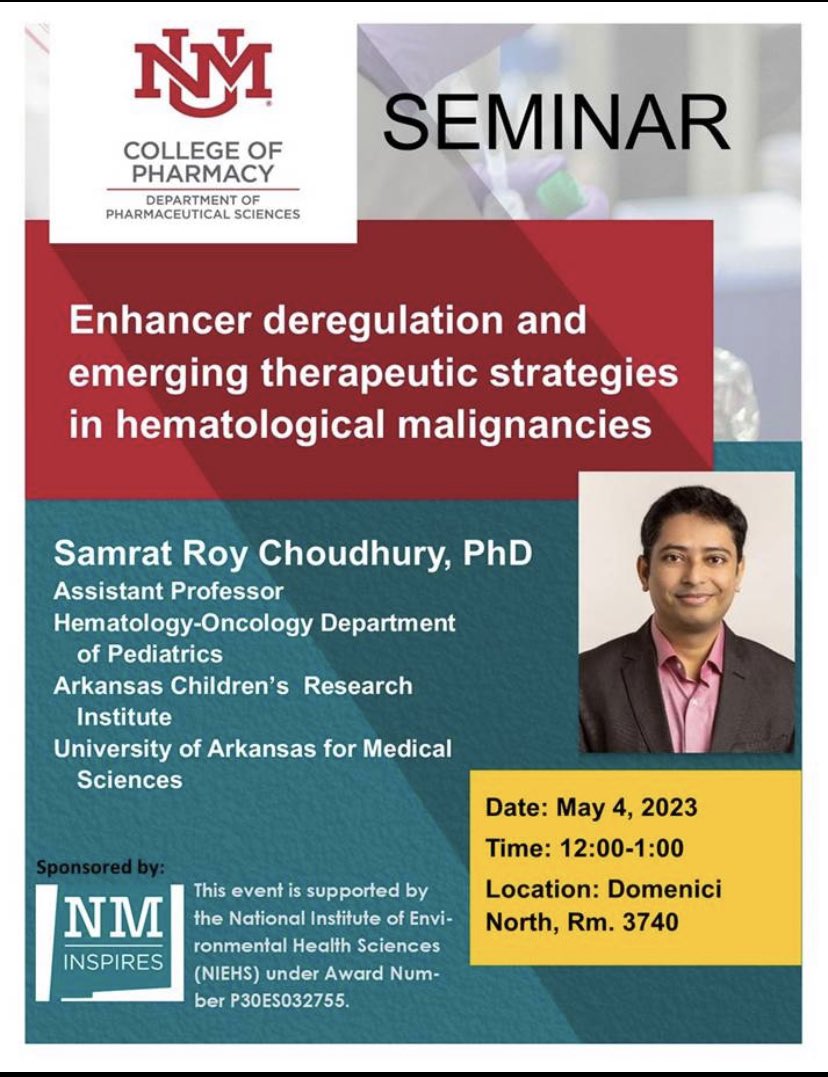 NM_INSPIRES's tweet photo. Inaugural NM-INSPIRES seminar in environmental Cancer! @SamratRoyChoud6 gave a great presentation on #epigenetics and hematological malignancies. @unmcop @Dr_sarahblossom https://t.co/mV9SIzkef6