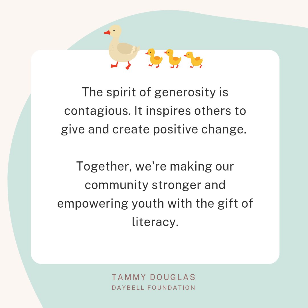The spirit of generosity is contagious. It inspires others to give and create positive change. 

Together, we're making our community stronger and empowering youth with the gift of literacy.

#TammyDaybell #TDDF #ReadWithMe #nonprofit